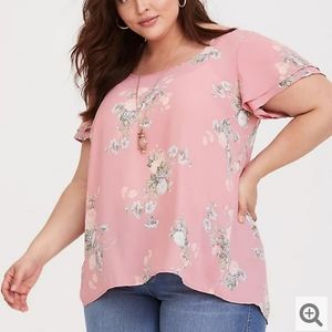 Torrid Pink Floral Flutter Sleeve Georgette Top